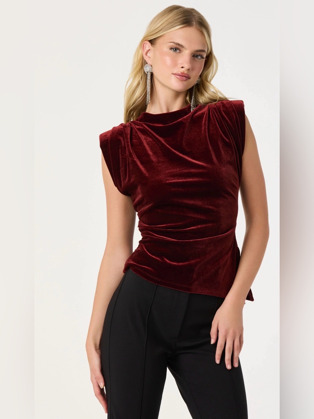 Astr the label Deep Navy Velvet Draped Asymmetric Cap-Sleeve Top NWOT in Medium - Picture 5 of 9
